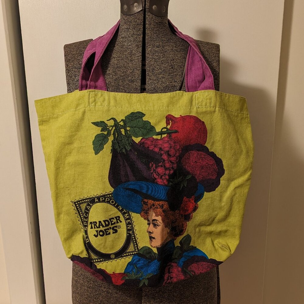 Trader Joe's Washable Cloth Shopping Bag Lady with Produce Plate USA Made